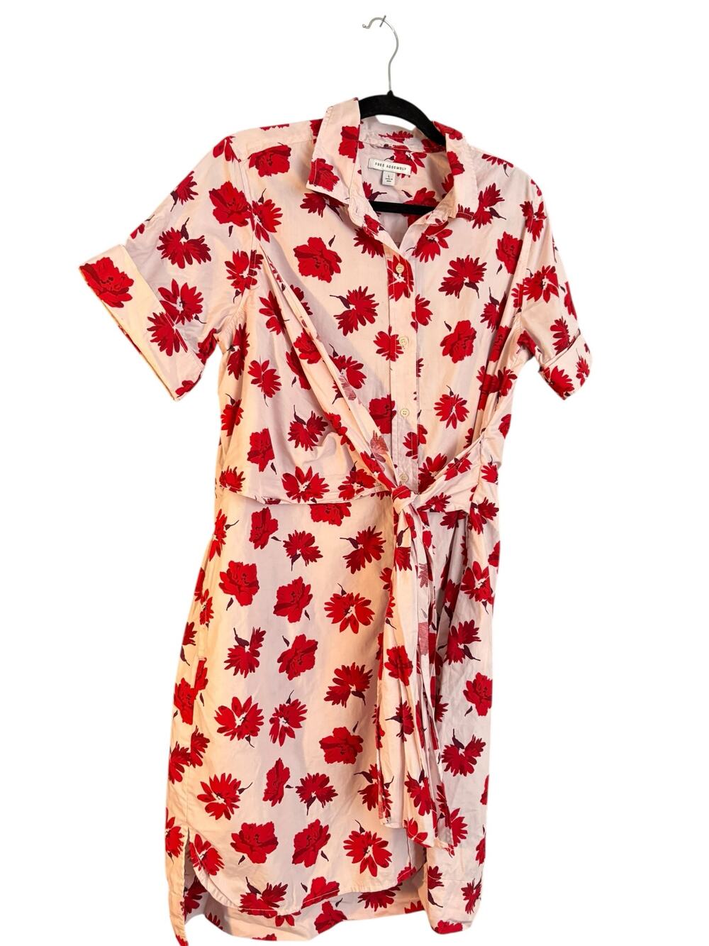Free Assembly Wrap Dress Red Flowers Floral 100% Cotton Garden Fairy